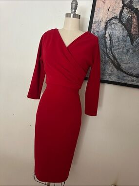 Badgley Mischka Red Wrap-Front Midi Sheath Dress